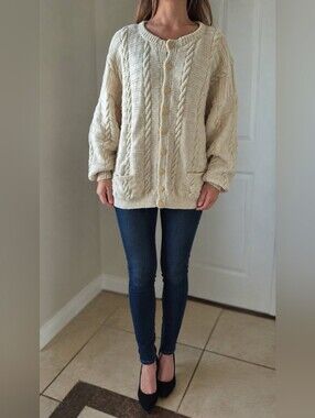 100% Wool Winterhouses Cozy Cable Knit Button-Front Sweater Cardigan - Cream